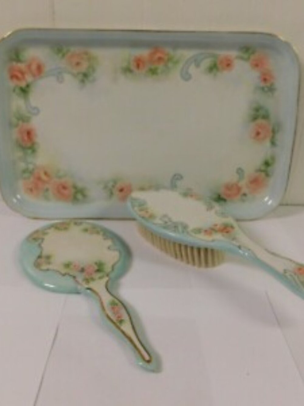 Heinrich H&C Selb Bavaria Germany Rose Vanity Tray Brush & Mirror Set